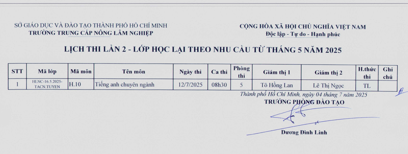 Lịch thi lần 2 lớp học lại theo nhu cầu - Môn Tiếng Anh chuyên ngành, 12/7/2025